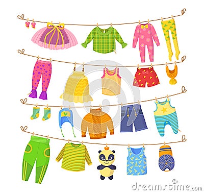 Clean child small clothes, cloth rope, kids dry clothing on clothesline Vector Illustration