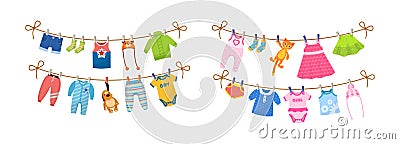 Clean child small clothes, cloth rope, kids dry clothing on clothesline Vector Illustration