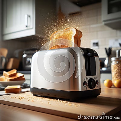 Clean, chromed toaster pops out a cooked slice of toast Stock Photo