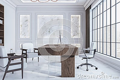 Clean classic office interior with wooden furniture and marble walls, window with city view and sunlight. Stock Photo