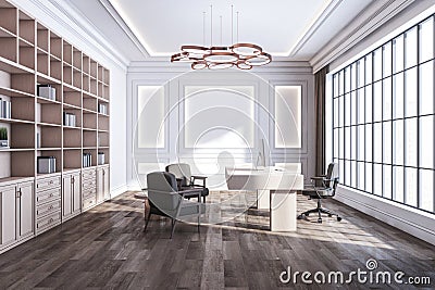 Clean classic office interior with wooden furniture and marble walls, window with city view and sunlight. New York style apartment Stock Photo