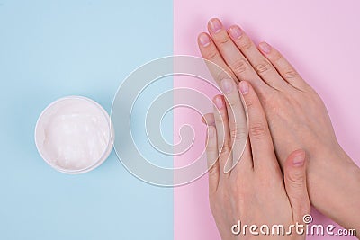 Clean clear finger natural nourishing fingernail concept. Above top overhead high angle flatlay flat lay close up view photo of be Stock Photo