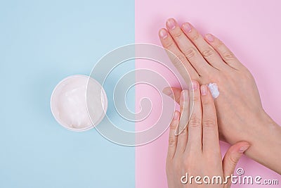 Clean clear finger natural nourishing fingernail concept. Above top overhead high angle flatlay flat lay close up view photo of be Stock Photo