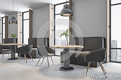 Clean concrete cafe interior with furniture and bright city view. Dine in concept. Stock Photo