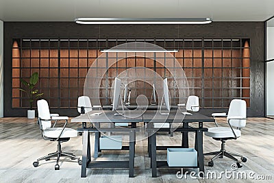 Clean concrete, glass and wooden coworking office interior with furniture and equipment. No people. Stock Photo