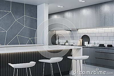 Clean concrete and marble kitchen interior with island and stools. Luxury apartments concept. Stock Photo