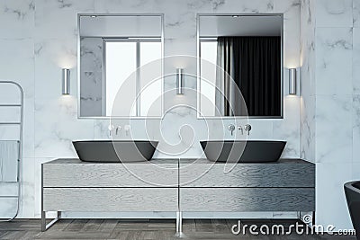 Clean concrete and wooden bathroom interior with various objects. Stock Photo