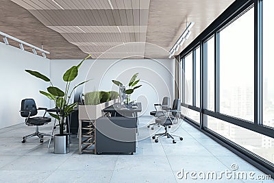 Clean concrete and wooden office interior with furniture and daylight, window and city view. Stock Photo