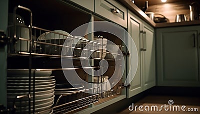 Clean crockery stacked in modern kitchen cabinet generated by AI Stock Photo