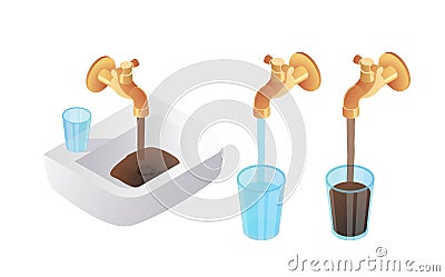 Clean and dirty glass water. Isometric dirty water pour faucet. Clean and dirty glass water. Problem of pollution water Vector Illustration