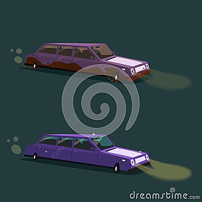 Clean and dirty vintage american limousine. Cartoon vector illustration Vector Illustration