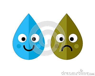 Clean and dirty water drops characters icon on white background. Ecology concept. Vector Illustration