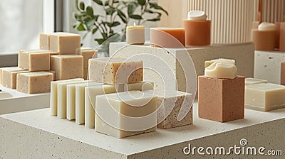 A clean display of handmade soap bars styled with subtle branding Stock Photo
