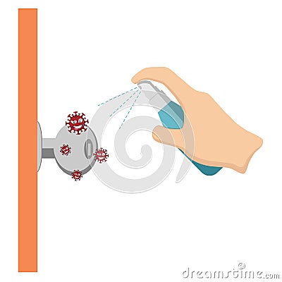 Clean the doorknob that contains germs and viruses living with alcohol spray Vector Illustration