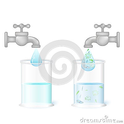 Two glasses and taps with clean drinking water and dirty water w Vector Illustration