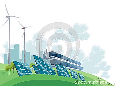 Clean electric energy concept. Renewable electricity resource from solar panels and wind turbines. Ecological change of Vector Illustration