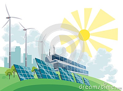 Clean electric energy concept. Renewable electricity resource from solar panels and wind turbines. Ecological change of Vector Illustration