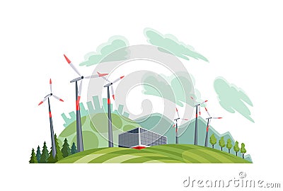 Clean electric energy concept. Renewable electricity resource from wind turbines. Ecological change of the future. City Vector Illustration