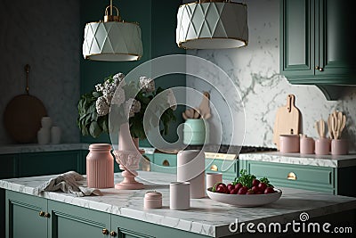 Clean and empty marble counter top, green vintage kitchen furniture with lots of flowers and bowl of strawberries, pair of white Stock Photo