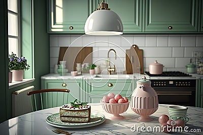 Clean and empty marble counter top, green vintage kitchen furniture with lots of flowers and bowl of strawberries, pair of white Stock Photo