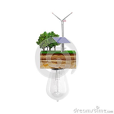 Clean energy concept The bulb is connected to a clutch of ground Stock Photo