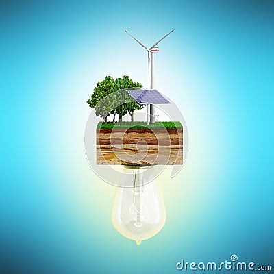 Clean energy concept The bulb is connected to a clutch of ground Stock Photo