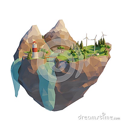 Clean energy concept. 3d low poly floating island. 3d render illustration. Isolated on white background Cartoon Illustration