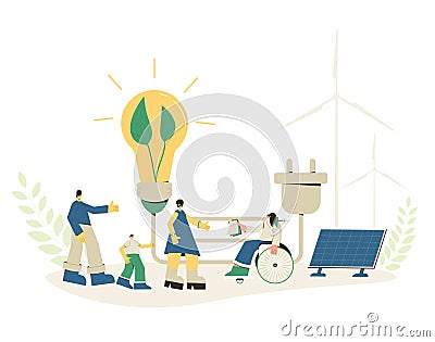 Clean energy. Family make a contract with manager of service company. Alternative electricity system instalation Renewable Vector Illustration