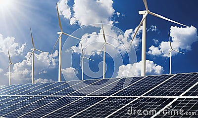 clean energy power concept solar panel with wind turbine and blue sky Stock Photo
