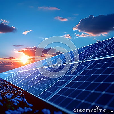 Clean energy from solar generation, blue renewable photovoltaic power, industrial Stock Photo