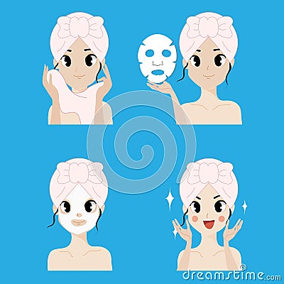 Clean face and Mask treatment beautiful girl. Vector Illustration
