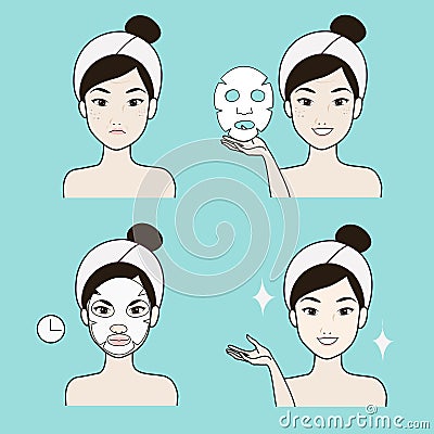 Clean face and Mask treatment girl beautiful face. Vector Illustration