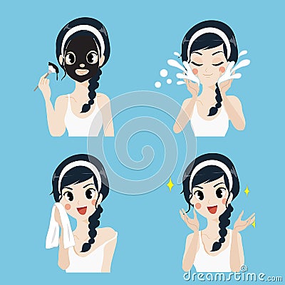 Clean face and mask treatment girl. Vector Illustration