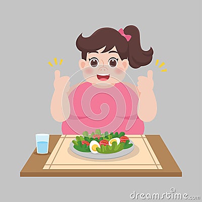 Clean food good health, Fat woman ready to eat vegetable salad Vector Illustration