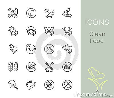 Clean Food outline icons. Set of 20 Clean Food outline icons, vector illustrations. Vector Illustration