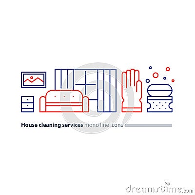 Clean house maintenance services, refresh interior line icons Vector Illustration