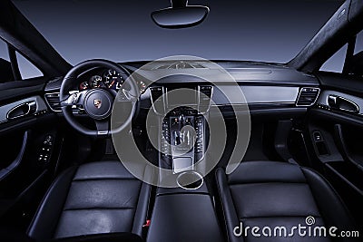 Clean Interior Porsche Panamera with leather steering wheel Editorial Stock Photo
