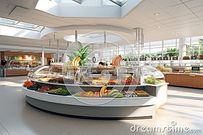 Clean and inviting hospital cafeteria with a variety of nutritious food options, promoting the importance of healthy eating and Stock Photo