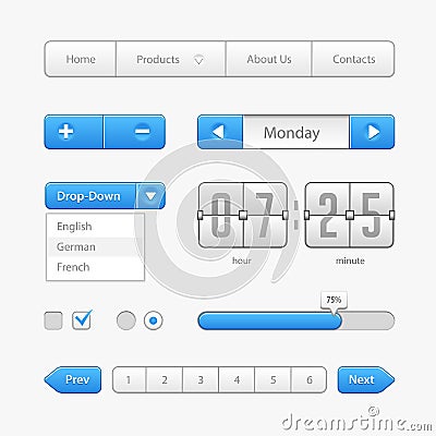 Clean Light Blue User Interface Controls. Web Elements. Website, Software UI: Buttons, Switchers, Arrows, Drop-down Vector Illustration