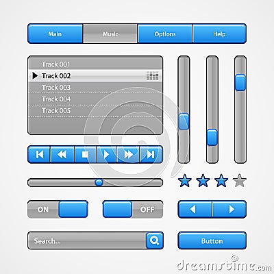 Clean Light Blue User Interface Controls. Web Elements. Website, Software UI: Buttons, Switchers, Slider Vector Illustration