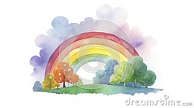 Clean Lines Watercolor Illustration with Sunshine and Rainbow for Encouragement . Stock Photo