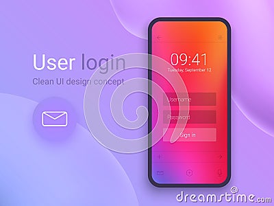 Clean Mobile UI Design Concept. Login Application with Password Form Window. Trendy Holographic Gradients. Flat Web Icons. EPS 10 Vector Illustration