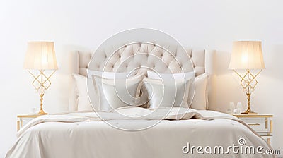 Clean Modern Bed Photography With White And Gold Pillows Stock Photo