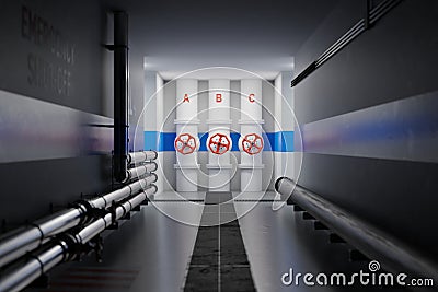 Clean, modern industrial hallway with large pipelines and red valves. Digital render Stock Photo