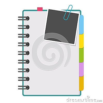 Clean open notepad on a spiral with bookmarks. With a photo. Colorful flat vector illustration isolated on white background. With Vector Illustration