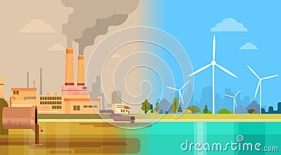 Clean And Polluted Dirty City Environmental Green Energy Concept Wind Vector Illustration