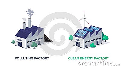 Clean Renewable Solar Wind and Fossil Fuel Dirty Polluting Factories Vector Illustration