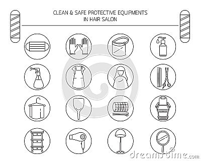 Clean And Safe Protective Equipments in Hair Salon, Outline Objects, Icons Set Vector Illustration