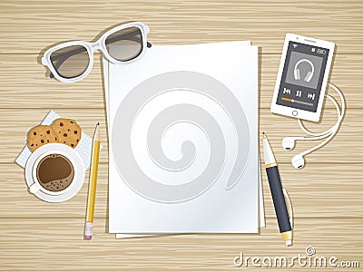 Clean sheets of paper on the wood desktop. Top view of paper, pen, pencil, smartphone running the music player, headphones, coffee Vector Illustration