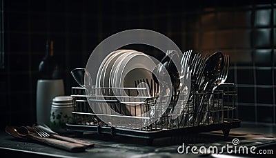 Clean silverware and crockery stack on wooden table in kitchen generated by AI Stock Photo
